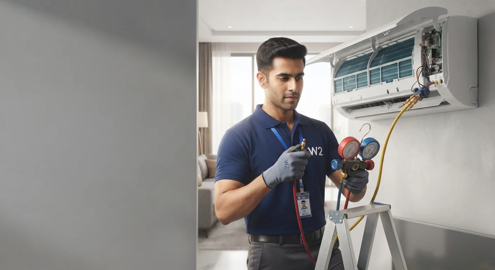 W2 technician checking refrigerant gas pressure on a split AC