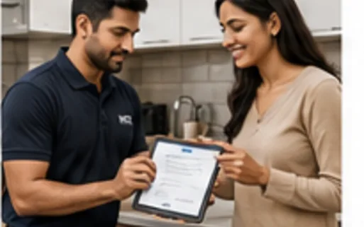 W2 technician showing an itemised digital repair quote to a customer