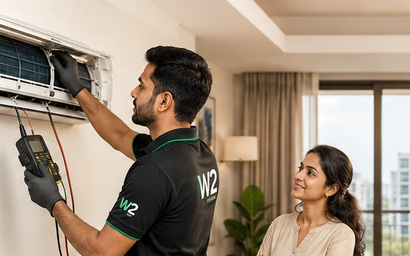 W2 technician testing an opened split AC indoor unit at a Bengaluru home